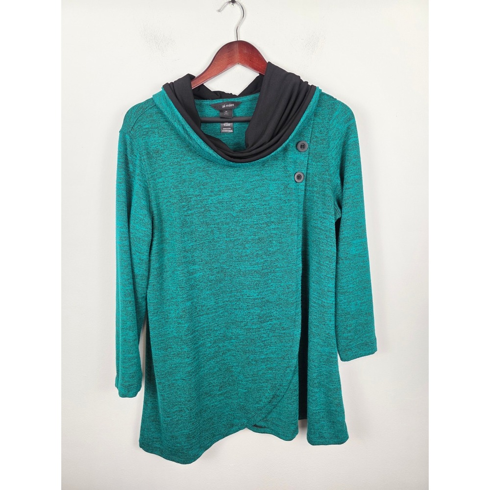 Ali Miles Women's Green‎ Black Cowl Neck Drape Front Tunic Top Size Medium